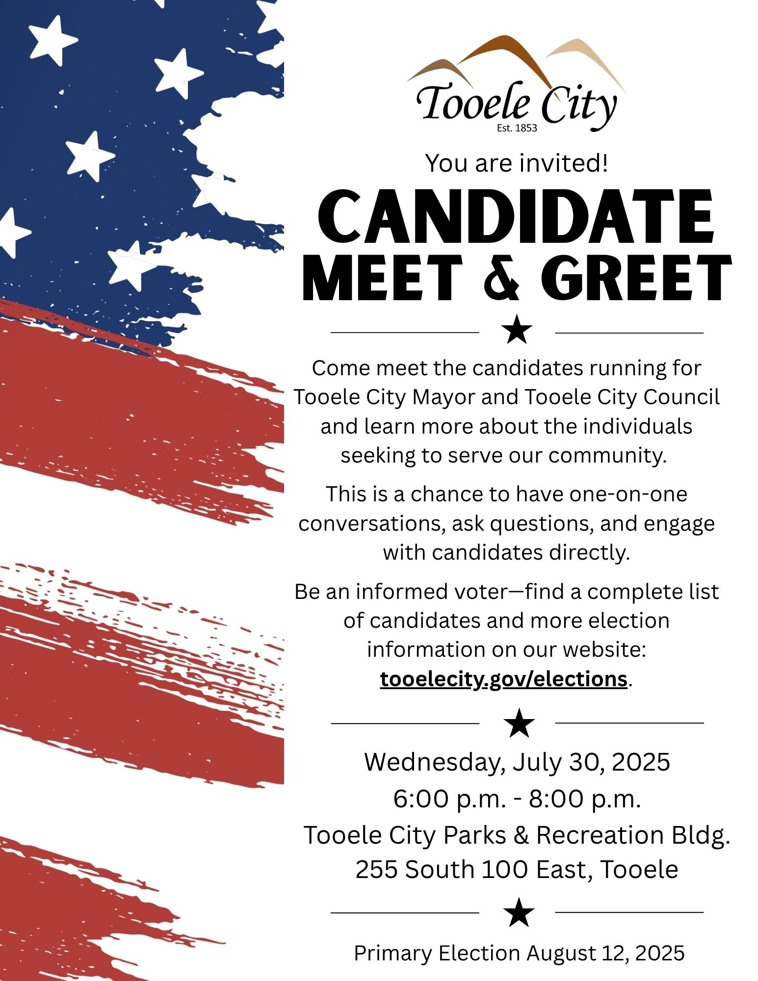 Flyer with an American Flag for the 2025 Candidate Meet and Greet.